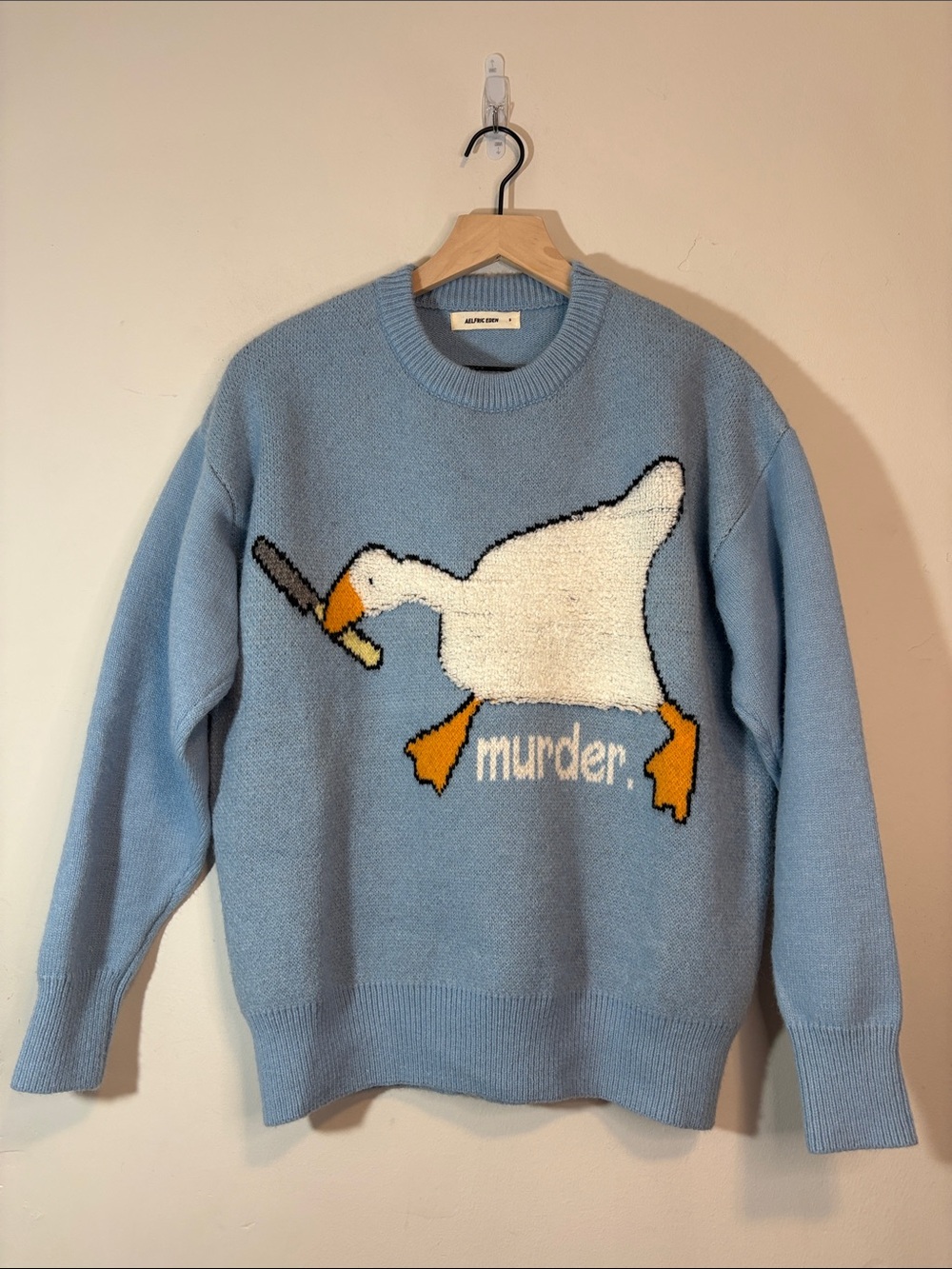 Aelfric Eden Light Sky blue "Murder Goose" Knife Graphic Knit Crewneck Sweater S